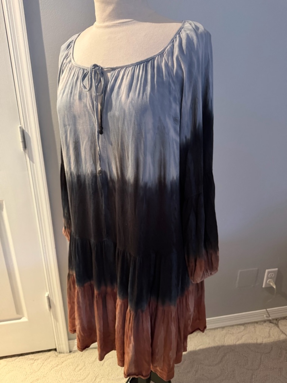 River and Sky Haven Long Sleeve Mini Dress - Soft Blue, Black, Brown in Large - Picture 8 of 13